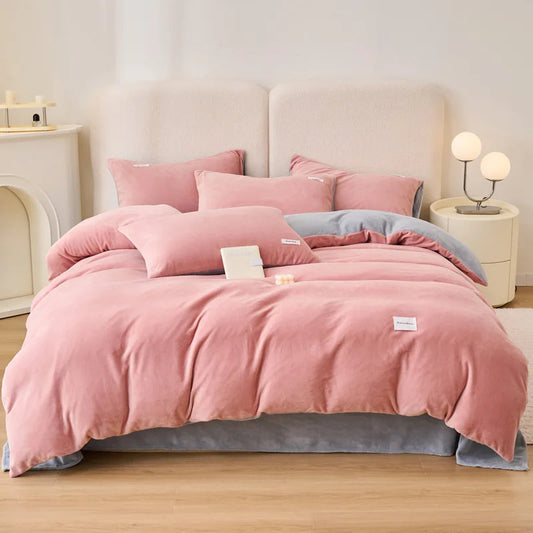 Reversible Velvet Duvet Cover With Velvet Sheet - Powder Pink and Light Grey