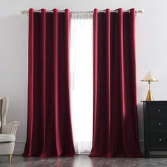 2 PCs Stainless Ring Eyelet Velvet Curtains With Velcro Belts - Maroon