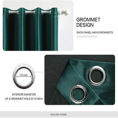 2 PCs Stainless Ring Eyelet Velvet Curtains With Velcro Belts - Salachy Green
