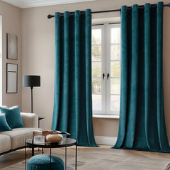 2 PCs Stainless Ring Eyelet Velvet Curtains With Velcro Belts - Peacock Blue