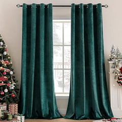 2 PCs Stainless Ring Eyelet Velvet Curtains With Velcro Belts - Salachy Green