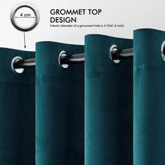 2 PCs Stainless Ring Eyelet Velvet Curtains With Velcro Belts - Peacock Blue