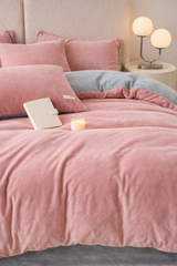 Reversible Velvet Duvet Cover With Velvet Sheet - Powder Pink and Light Grey