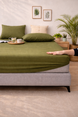 Cotton Fitted Bed Sheet With Pillows - Olive Green