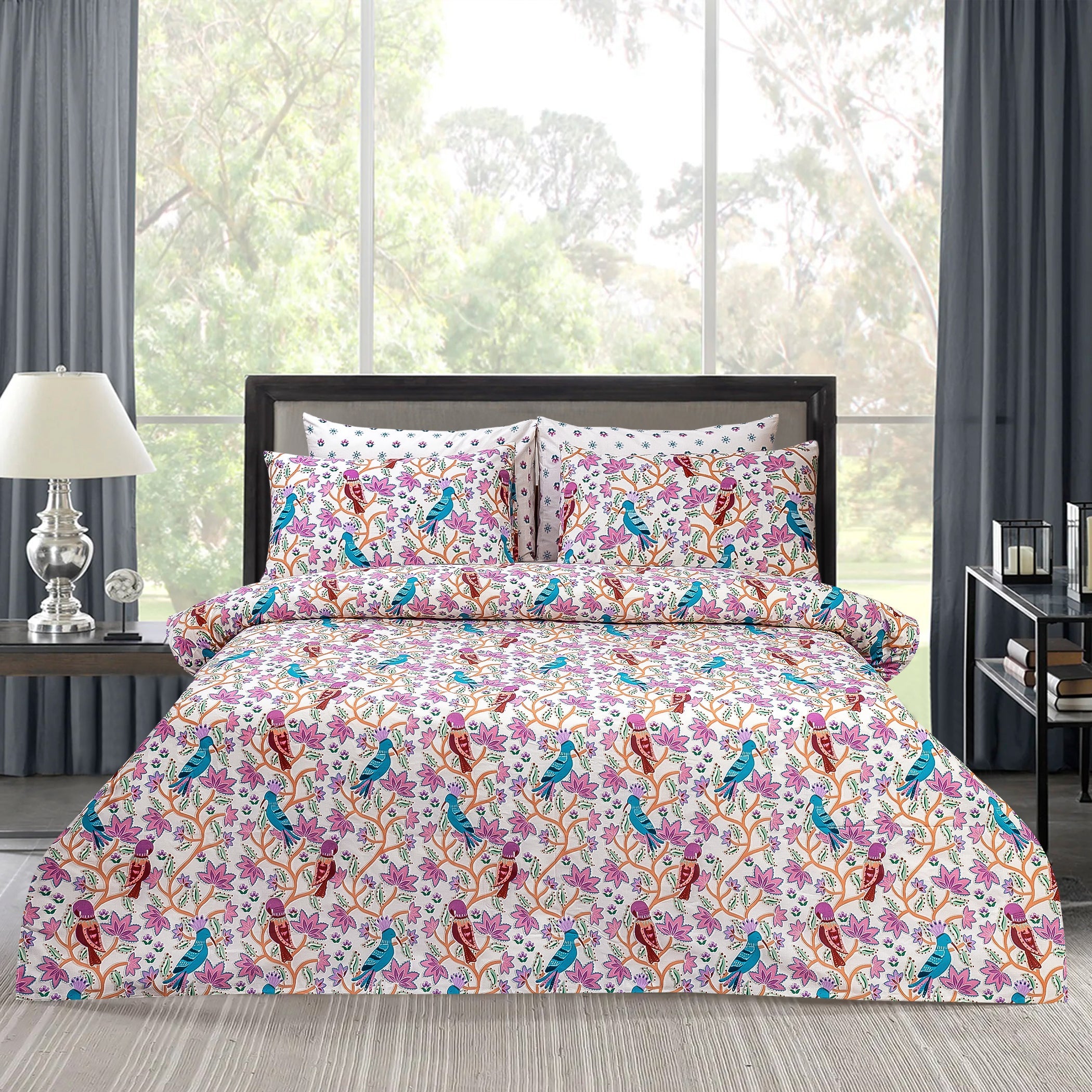 6 PCs Reversible Cotton Duvet Cover Set - Foliate