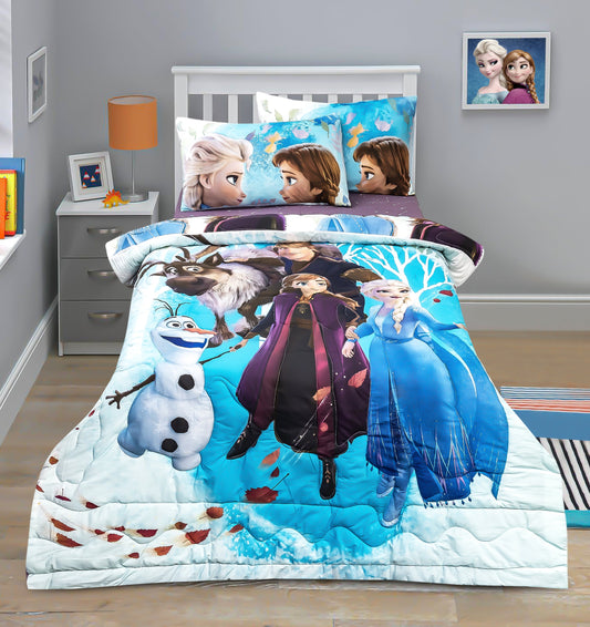 4-Piece Kids Cartoon Character Printed Bedspread Set - Elsa & Anna Winter Frost