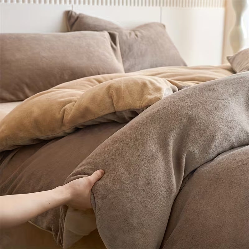 Reversible Velvet Duvet Cover With Velvet Sheet - Mocha Brown and Dark Beige