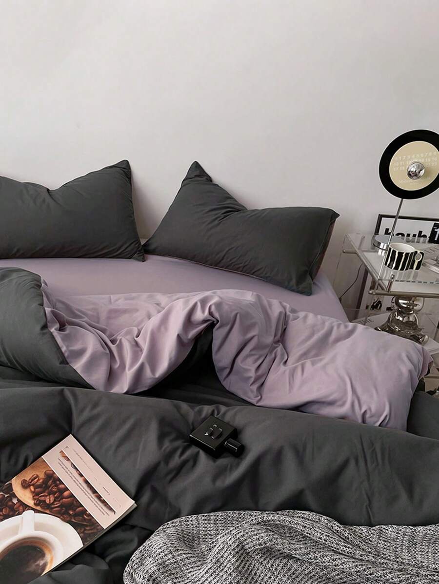Pure Cotton Reversible Duvet Cover Set - Black & Light Purple