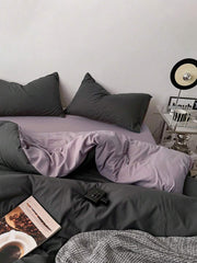 Pure Cotton Reversible Duvet Cover Set - Black & Light Purple