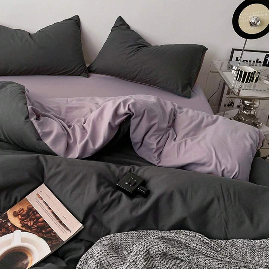 Pure Cotton Reversible Duvet Cover Set - Black & Light Purple