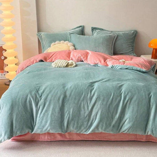 Reversible Velvet Duvet Cover - Aqua Green & Pink
