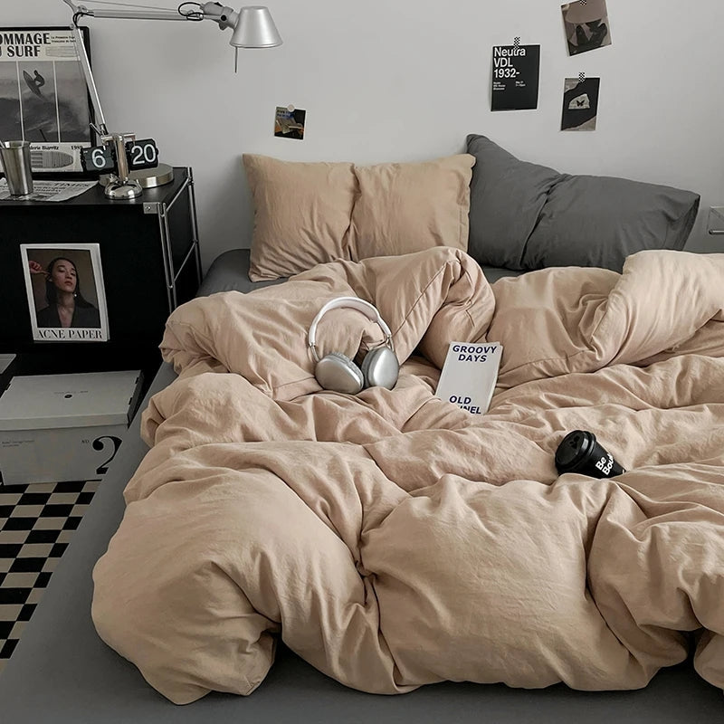Pure Cotton Reversible Duvet Cover Set - biscuit Brown And Grey