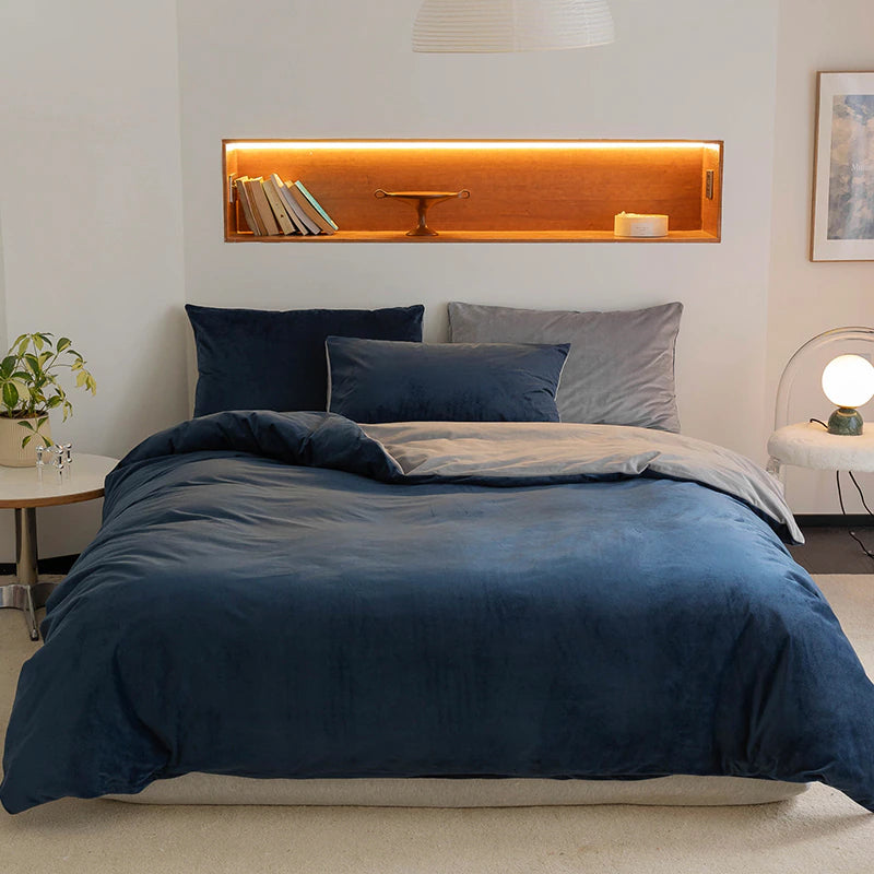 Reversible Velvet Duvet Cover - Blue & Grey