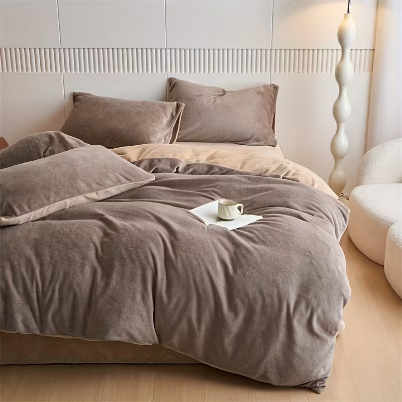 Reversible Velvet Duvet Cover With Velvet Sheet - Mocha Brown and Dark Beige