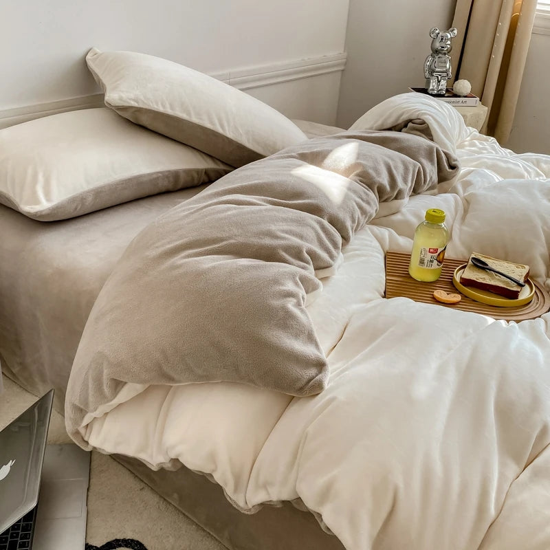 Reversible Velvet Duvet Cover - Off White & Biscuit Brown