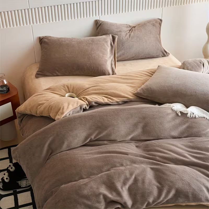 Reversible Velvet Duvet Cover With Velvet Sheet - Mocha Brown and Dark Beige