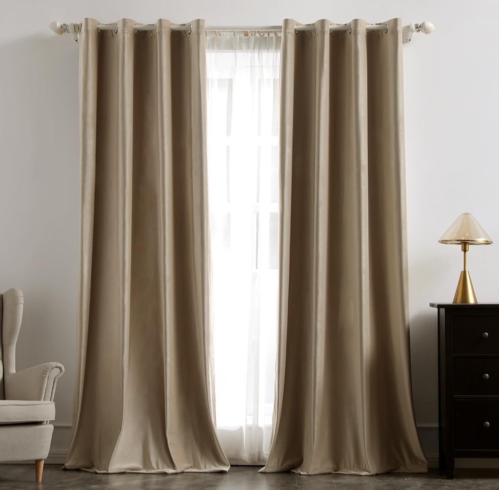 2 PCs Stainless Ring Eyelet Velvet Curtains With Velcro Belts - Sandy Beige