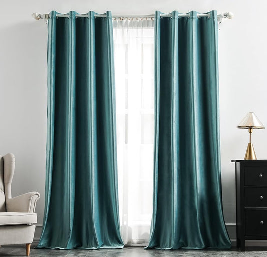 2 PCs Stainless Ring Eyelet Velvet Curtains With Velcro Belts - Sea Green
