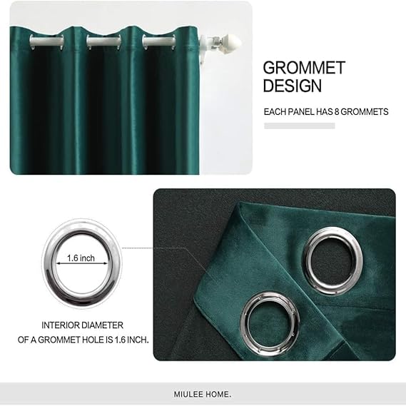 2 PCs Stainless Ring Eyelet Velvet Curtains With Velcro Belts - Salachy Green