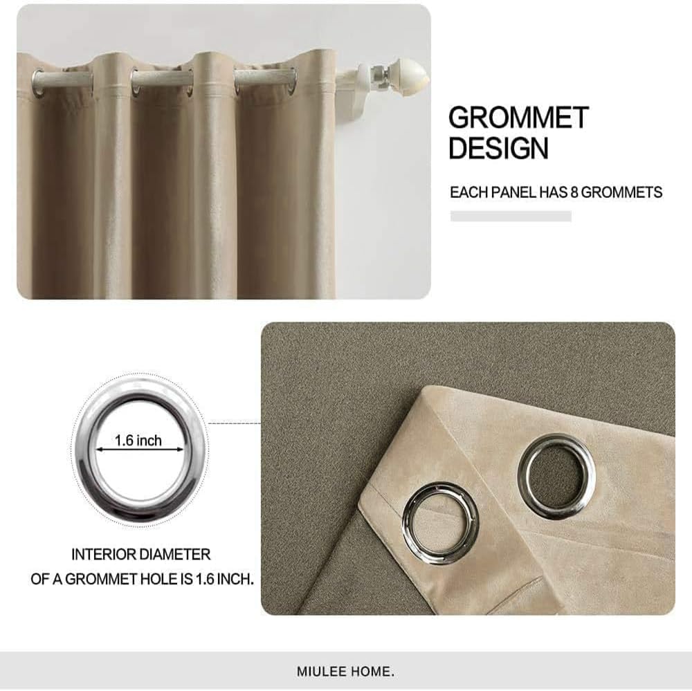 2 PCs Stainless Ring Eyelet Velvet Curtains With Velcro Belts - Sandy Beige