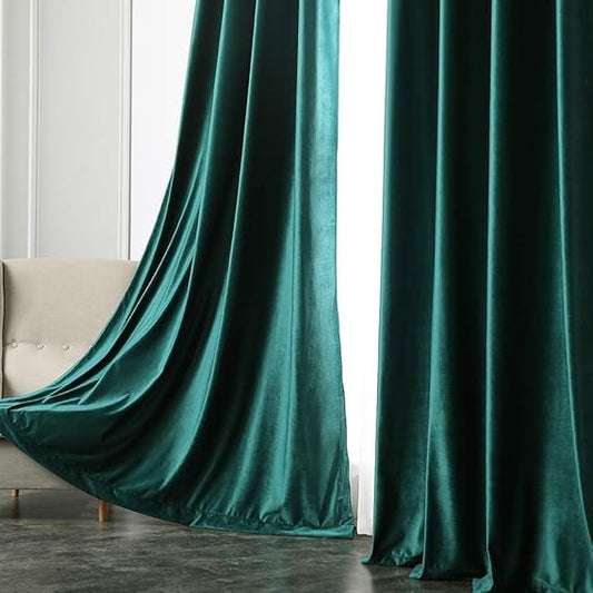 2 PCs Stainless Ring Eyelet Velvet Curtains With Velcro Belts - Salachy Green