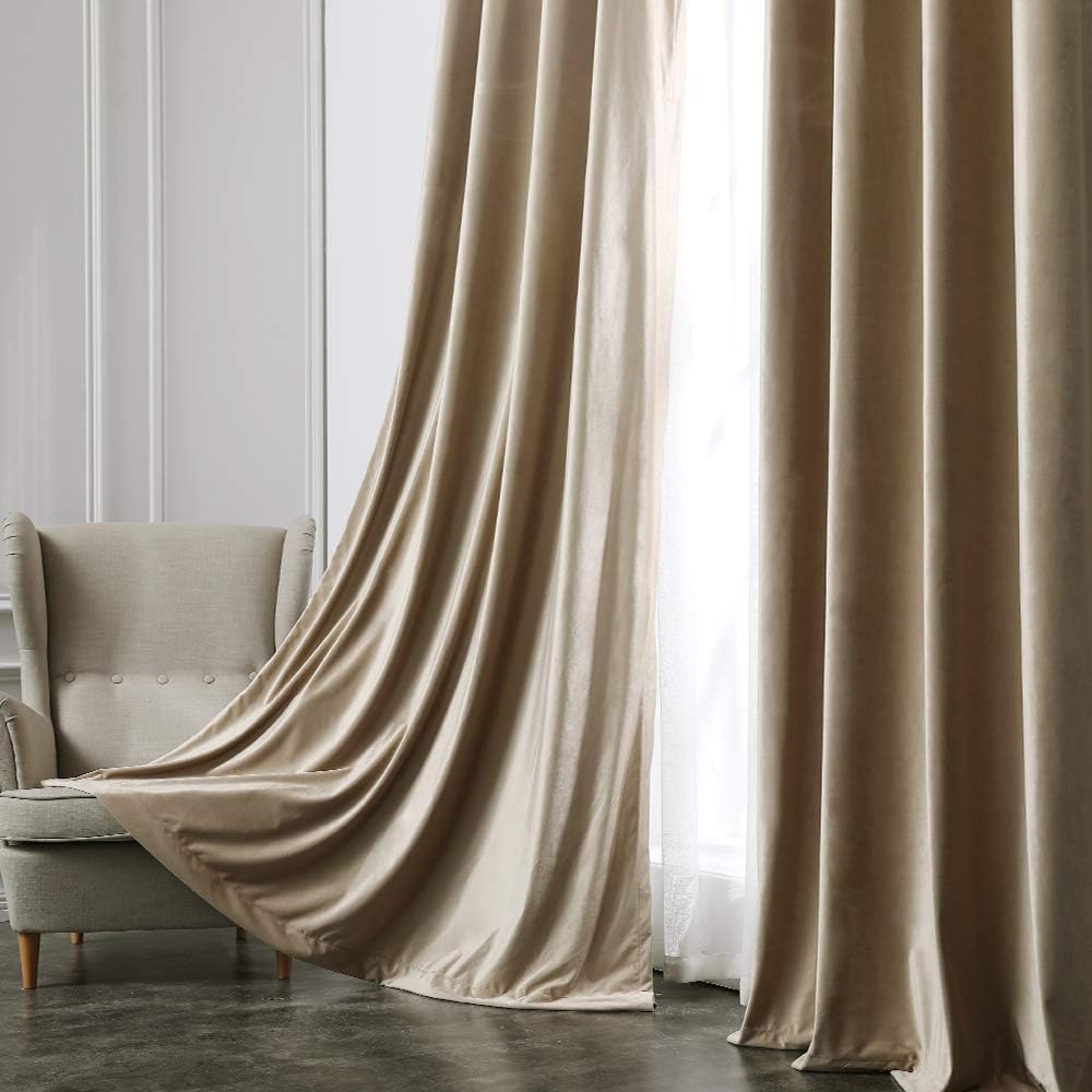 2 PCs Stainless Ring Eyelet Velvet Curtains With Velcro Belts - Sandy Beige