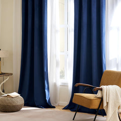 2 PCs Stainless Ring Eyelet Velvet Curtains With Velcro Belts - Navy Blue
