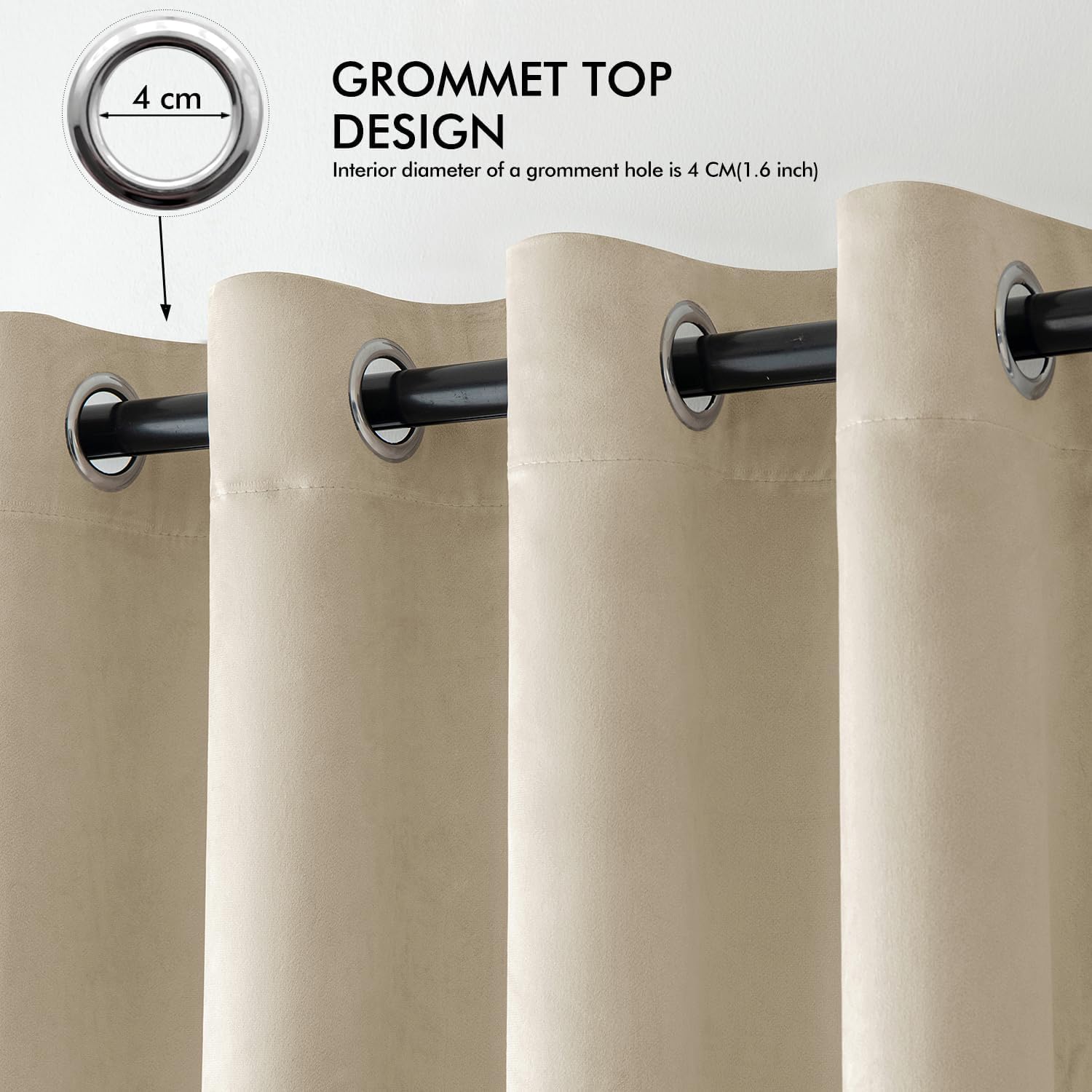 2 PCs Stainless Ring Eyelet Velvet Curtains With Velcro Belts - Off White