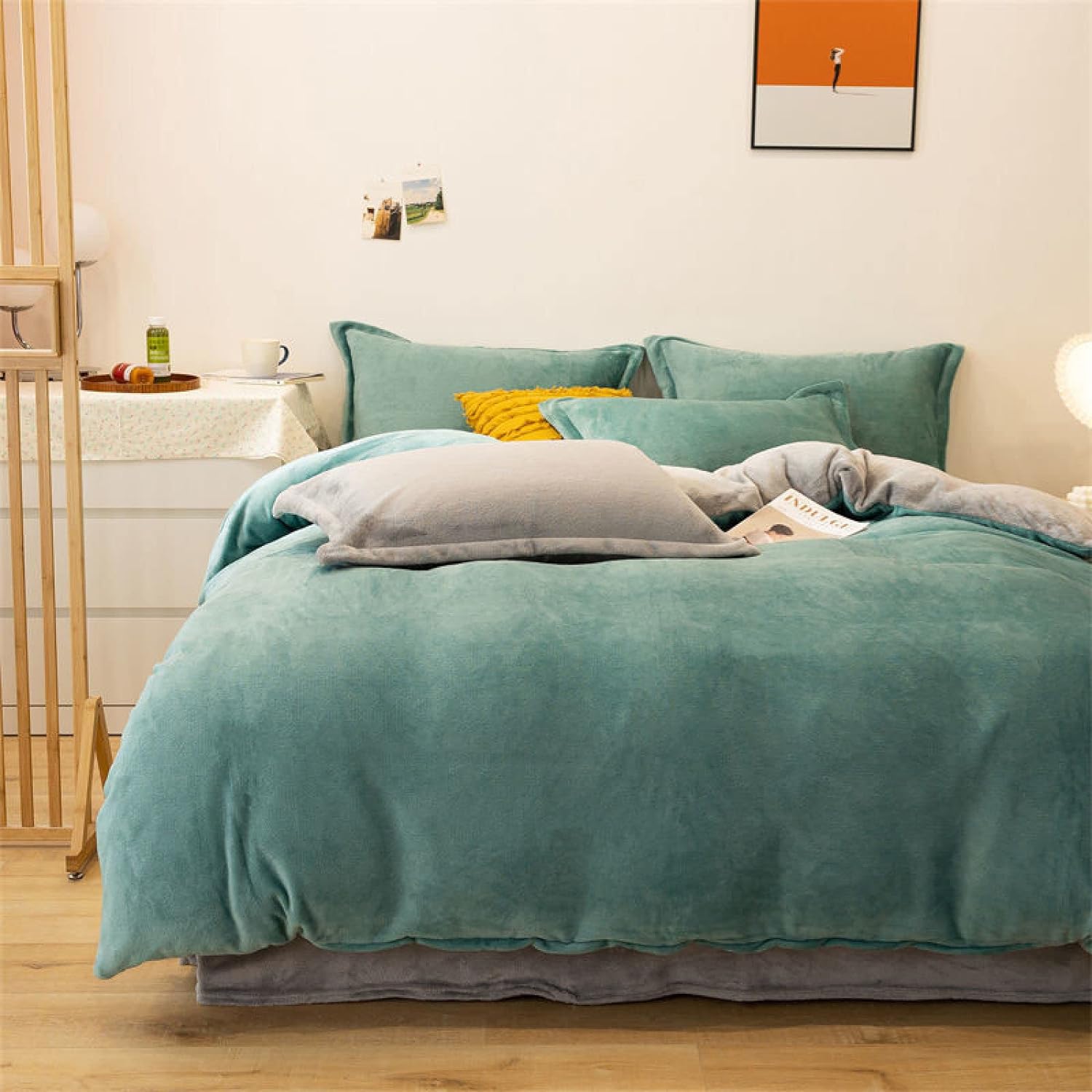 Reversible Velvet Duvet Cover - Bamboo Green & Light Grey