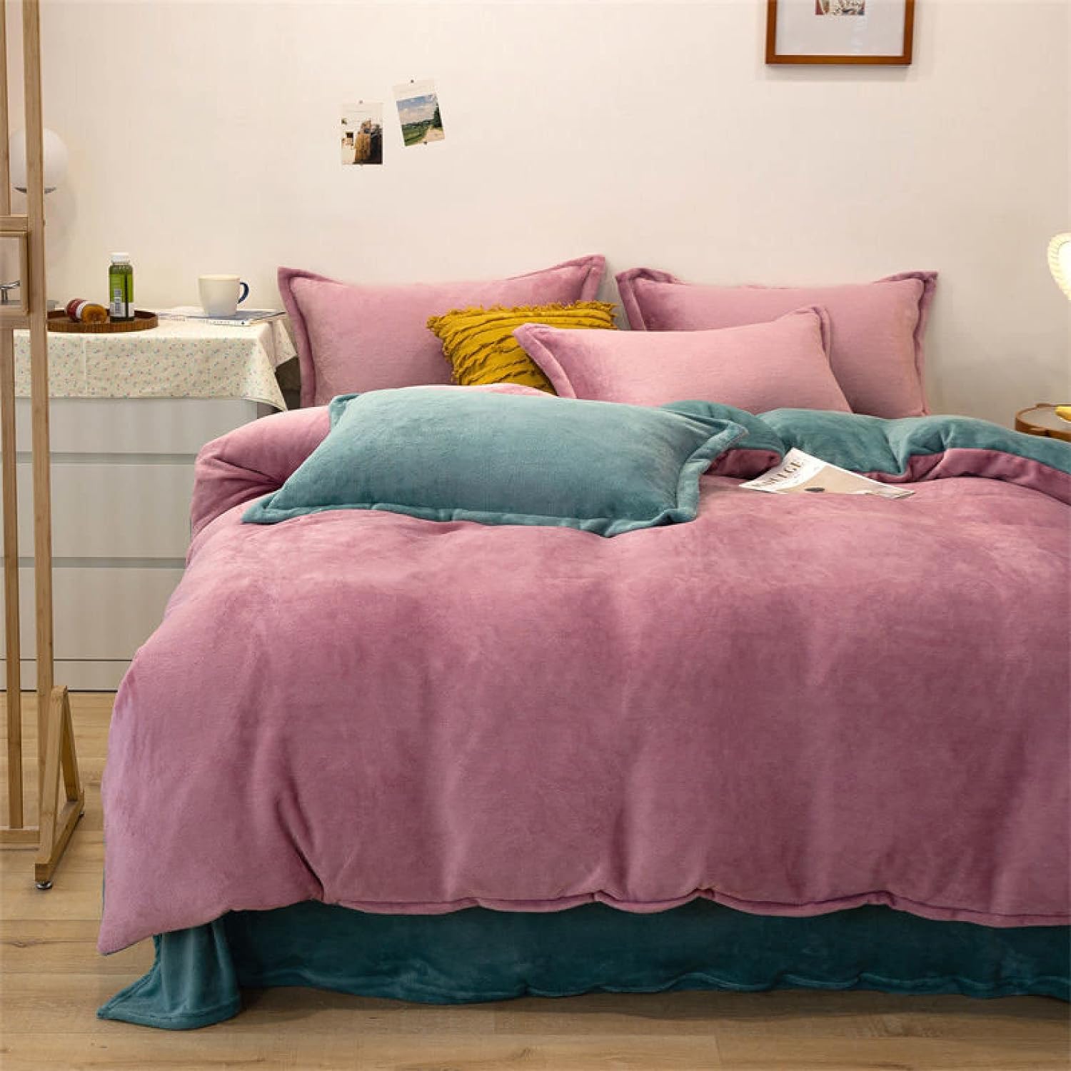 Reversible Velvet Duvet Cover - Rose Pink & Bamboo Green