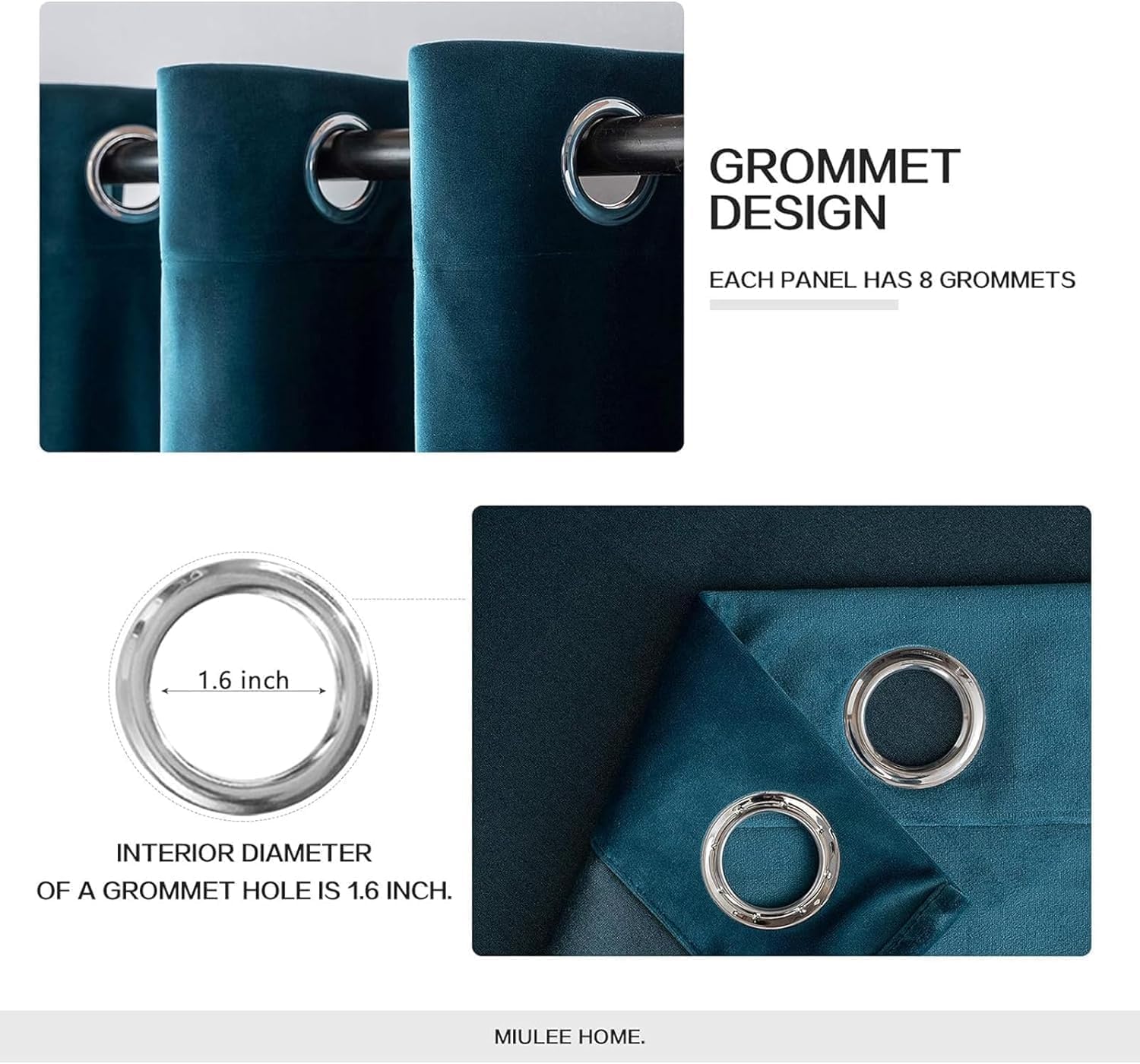 2 PCs Stainless Ring Eyelet Velvet Curtains With Velcro Belts - Navy Blue