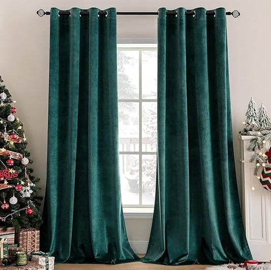 2 PCs Stainless Ring Eyelet Velvet Curtains With Velcro Belts - Salachy Green