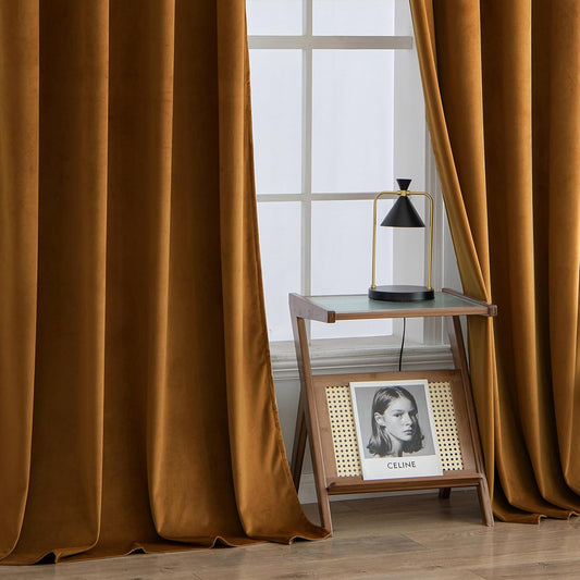 2 PCs Stainless Ring Eyelet Velvet Curtains With Velcro Belts - Goldy Brown