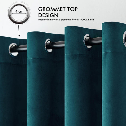 2 PCs Stainless Ring Eyelet Velvet Curtains With Velcro Belts - Peacock Blue