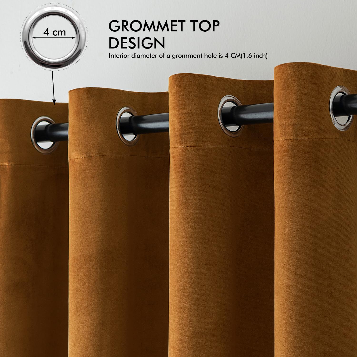 2 PCs Stainless Ring Eyelet Velvet Curtains With Velcro Belts - Goldy Brown