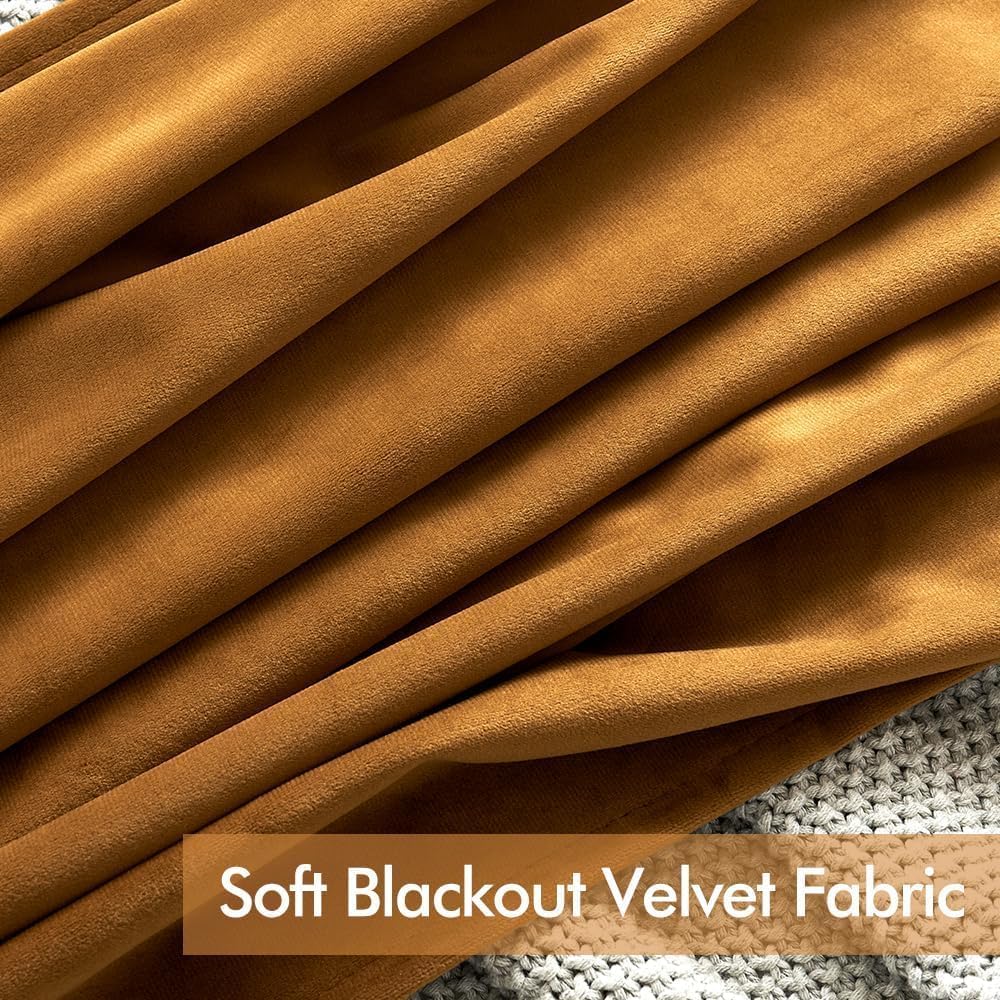 2 PCs Stainless Ring Eyelet Velvet Curtains With Velcro Belts - Goldy Brown