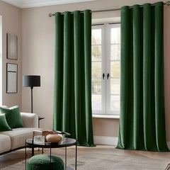 2 PCs Stainless Ring Eyelet Velvet Curtains With Velcro Belts - Dark Green