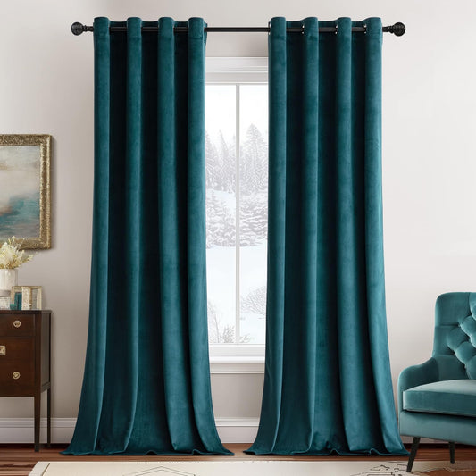 2 PCs Stainless Ring Eyelet Velvet Curtains With Velcro Belts - Peacock Blue