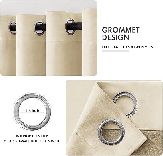 2 PCs Stainless Ring Eyelet Velvet Curtains With Velcro Belts - Beige
