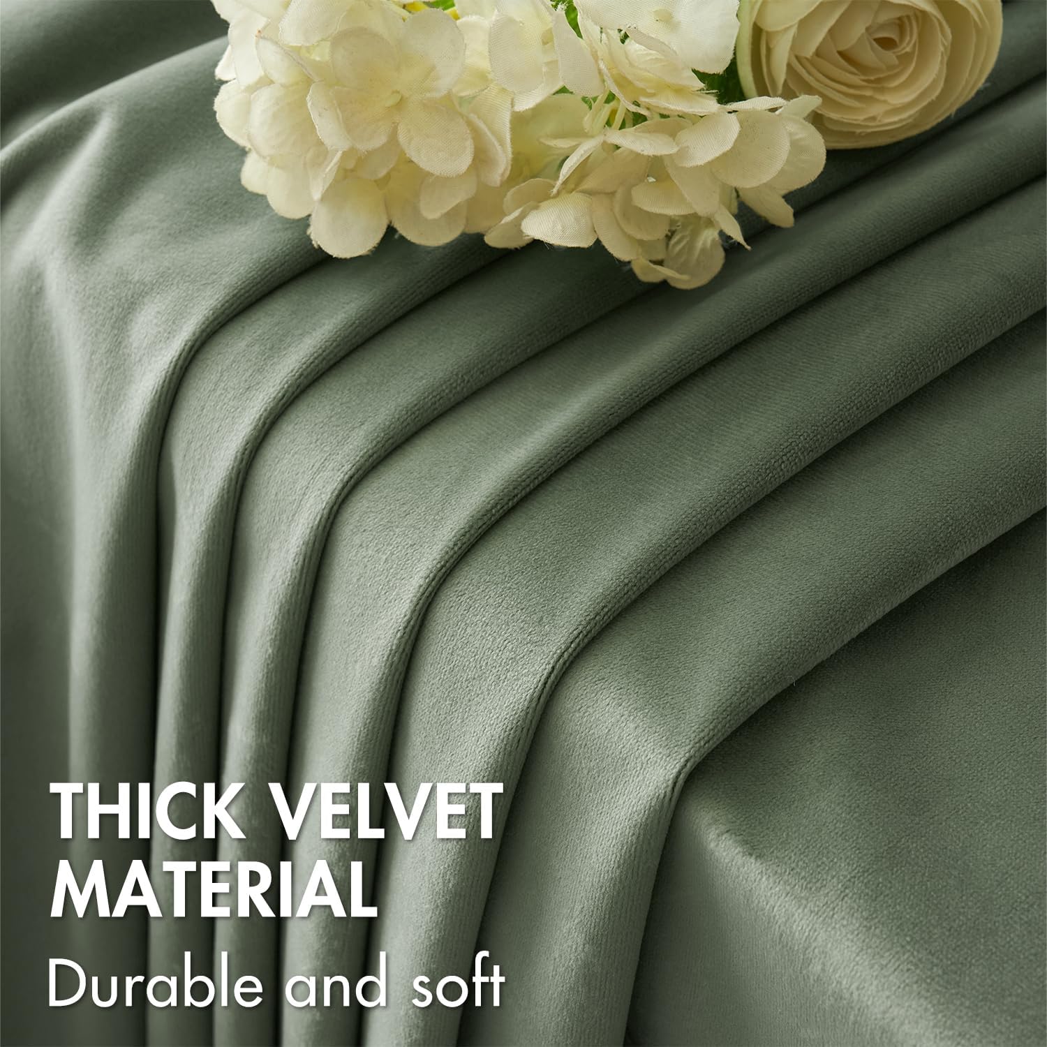2 PCs Stainless Ring Eyelet Velvet Curtains With Velcro Belts - Sage Green