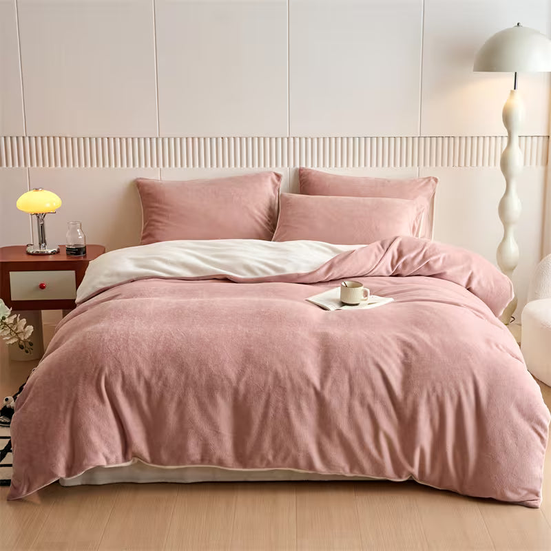 Reversible Velvet Duvet Cover With Velvet Sheet - Powder Pink and Off White