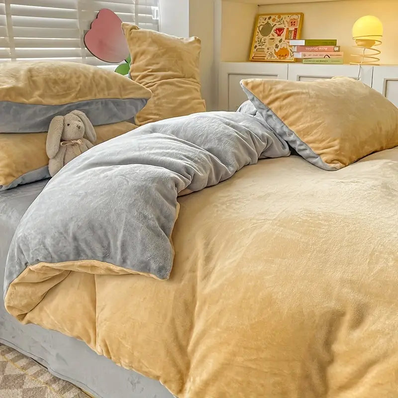 Reversible Velvet Duvet Cover - Golden & Light Grey