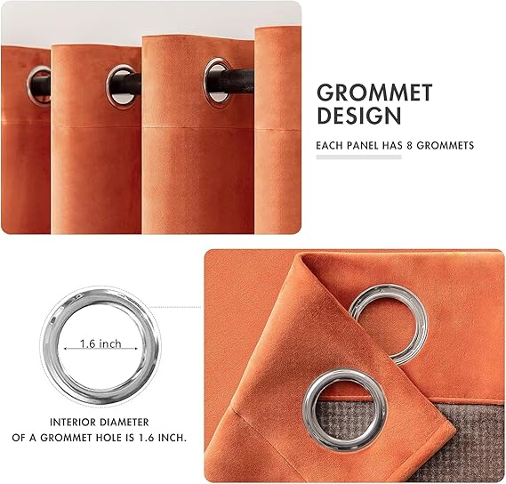 2 PCs Stainless Ring Eyelet Velvet Curtains With Velcro Belts - Orange