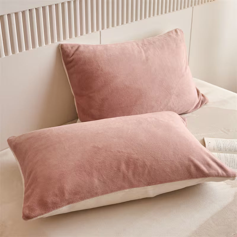 Reversible Velvet Duvet Cover With Velvet Sheet - Powder Pink and Off White