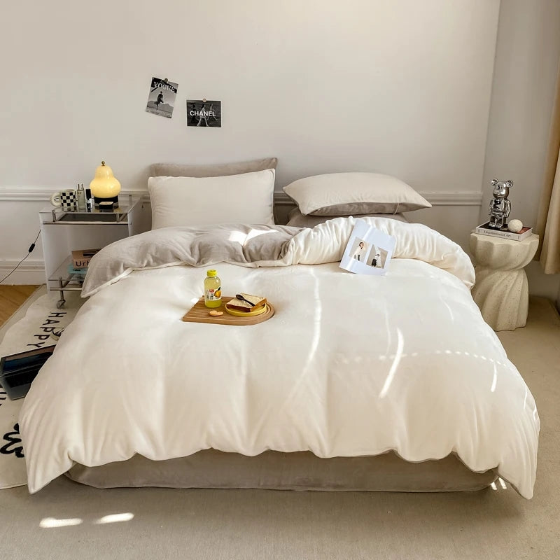 Reversible Velvet Duvet Cover - Off White & Biscuit Brown