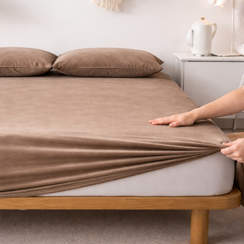 MILKY VELVET FITTED BEDSHEET WITH PILLOWS - MOCHA BROWN