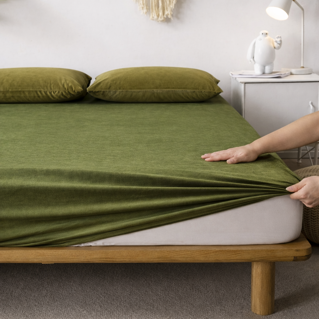 MILKY VELVET FITTED BEDSHEET WITH PILLOWS - OLIVE GREEN