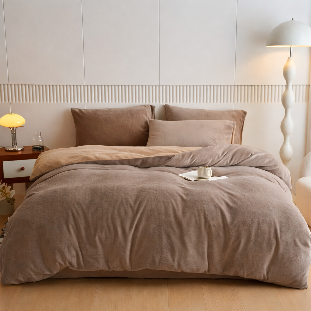 Reversible Velvet Duvet Cover With Velvet Sheet - Mocha Brown and Dark Beige