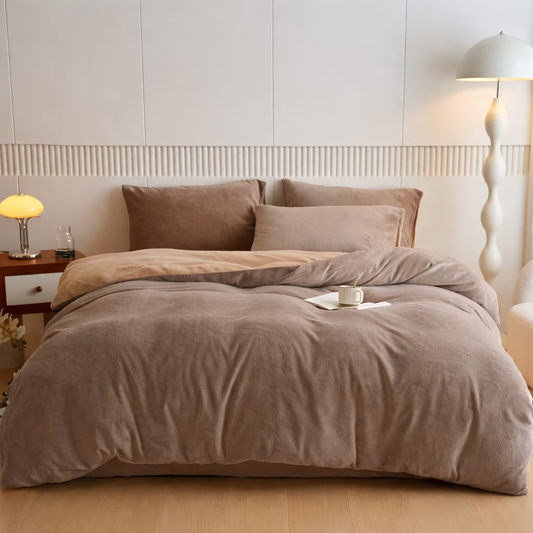Reversible Velvet Duvet Cover With Velvet Sheet - Mocha Brown and Dark Beige