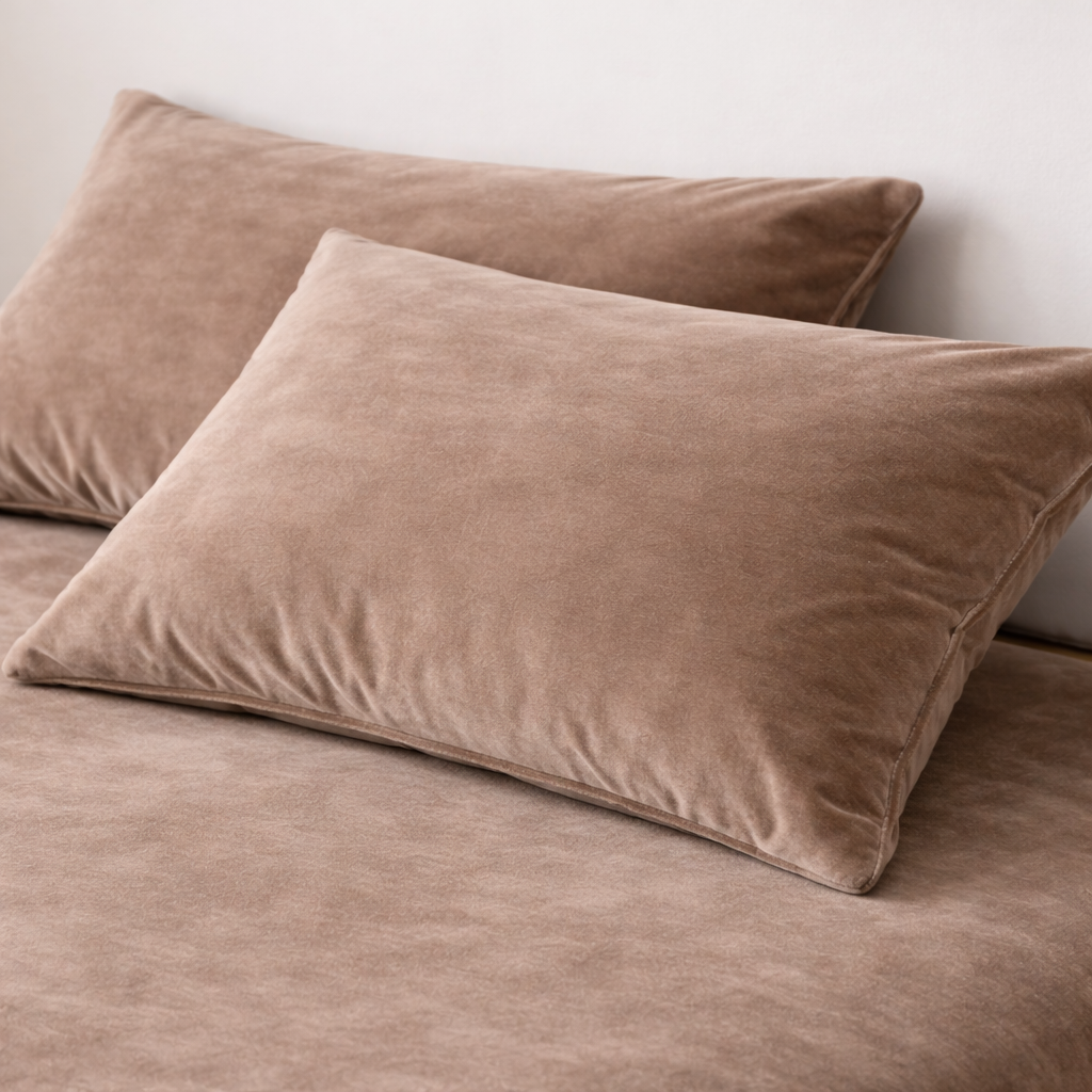 MILKY VELVET FITTED BEDSHEET WITH PILLOWS - MOCHA BROWN